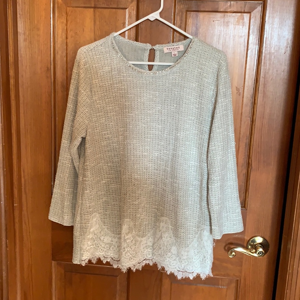 Grey sweater, rhinestone colar, lace bottom
